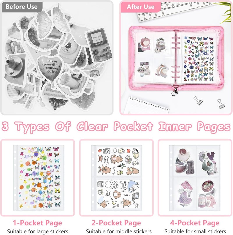 Ruatu Sticker Storage Organizer Binder A5 Sticker Collecting Book Reusable Zipper Album with Clear Laser Star Cover and Pocket Pages (Pink) - Image 3